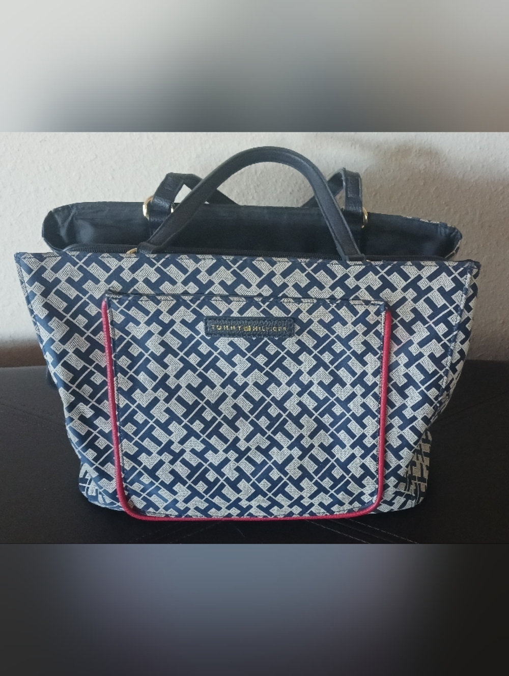 Tommy Hilfiger Monogram Navy Blue White Purse Red Piping
